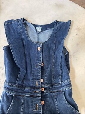 Denim Button-Front Dress with Ruffle Shoulders - Blue